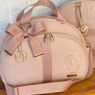 Bolsa Maternidade Média Glam Linho Rosé com Fita Rosé