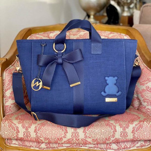 Bolsa Maternidade Cloé Glam Linho Azul Marinho com Fita Azul Marinho