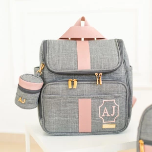 Mochila Maternidade 2 em 1 Glam Linho Cinza com Fita Rosé