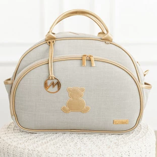 Bolsa Maternidade Média Linho Bege com Ouro