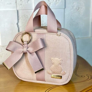 Frasqueira de Maternidade Térmica Glam Linho Rosé com Fita Rosé