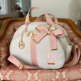 Bolsa Maternidade Média Glam Linho Bege com Fita Rosé