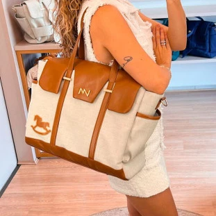 Bolsa Maternidade Cleo Linho Bege com Caramelo