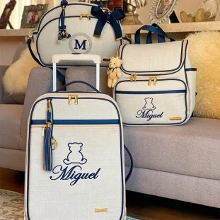 Kit Maternidade Mala de Rodinhas Bolsa Média Mochila 2 em 1 Linho Bege com Azul Marinho
