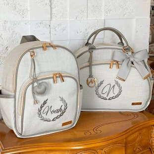 Kit Maternidade Bolsa Média e Mochila Linho Bege com Cinza