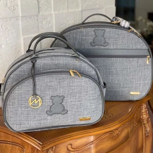 Kit Maternidade Mala e Bolsa Média Linho Cinza com Chumbo
